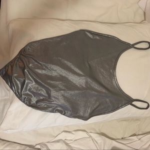 Metallic spaghetti strap silver body suit low back
